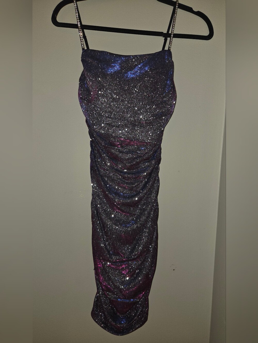 Jump Glitter Ruched Midi Dress in Black with Blue and Pink Sheen Homecoming/Prom